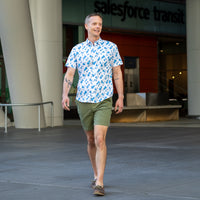 "SILVA" - White With Navy Scattered Floral Print Short Sleeve Shirt - Made In USA