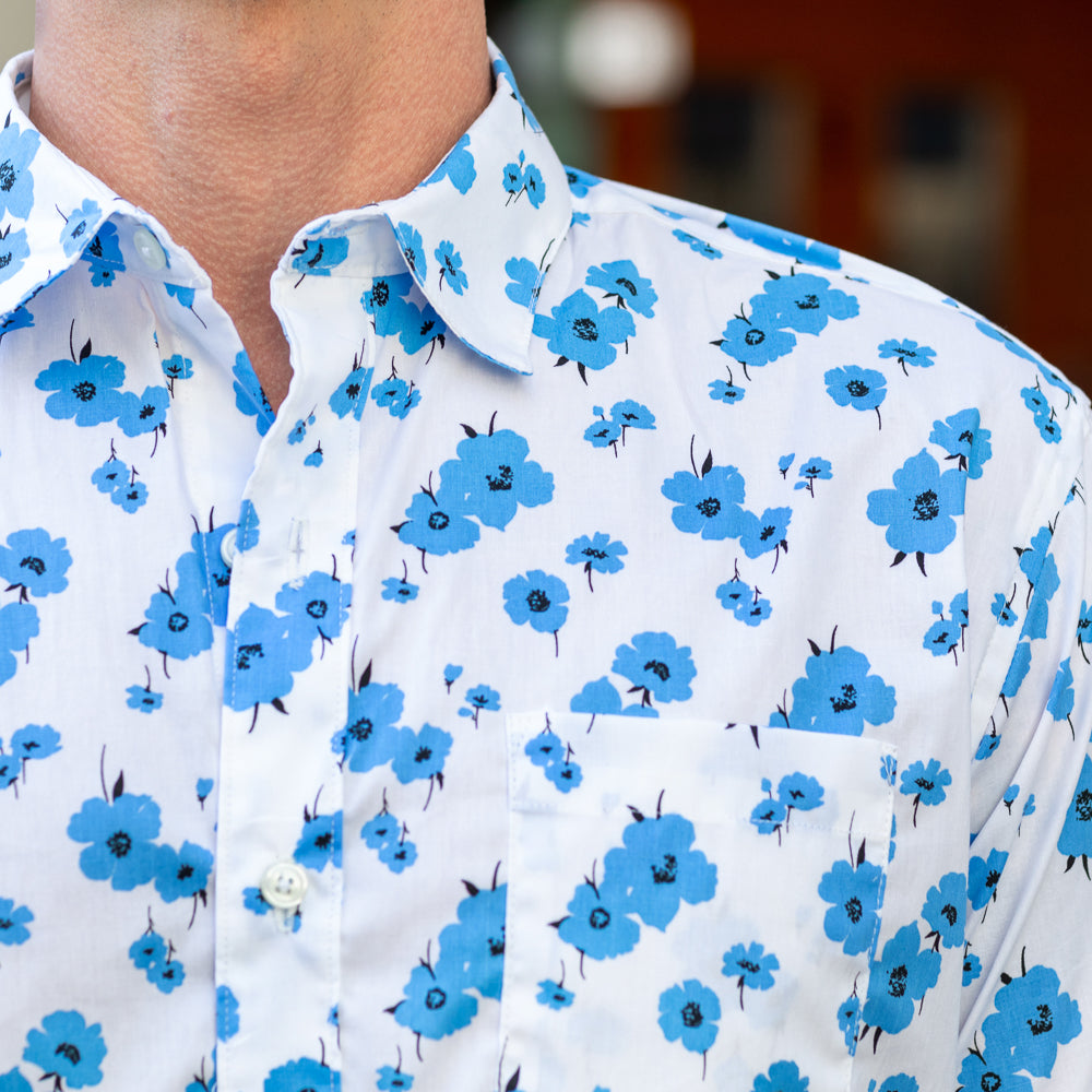 "SILVA" - White With Navy Scattered Floral Print Short Sleeve Shirt - Made In USA