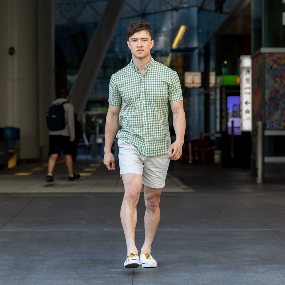 60% OFF AFTER CODE NEWFALL: "McNEIL" - Sage Green & White Gingham Check Short Sleeve Shirt - Made in USA