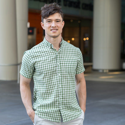 McNEIL Short Sleeve Shirt in Sage Green &amp; White Gingham Check
