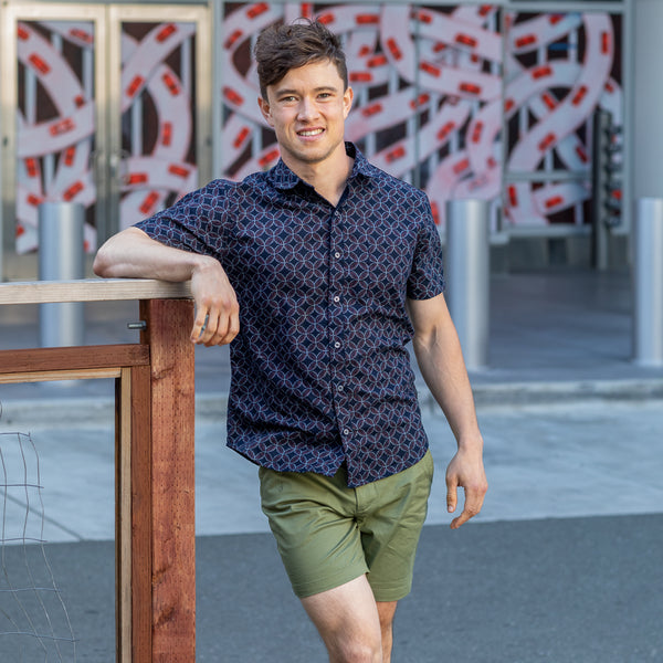 "CLAYTON" Navy Blue & Burgundy Japanese Traditional Print Short Sleeve Shirt - Made In USA