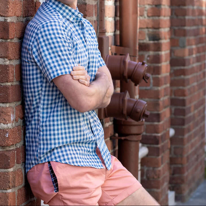 Sample Sale EPS6 : Short Sleeve Blue White Gingham Short Sleeve Shirt: Size LARGE