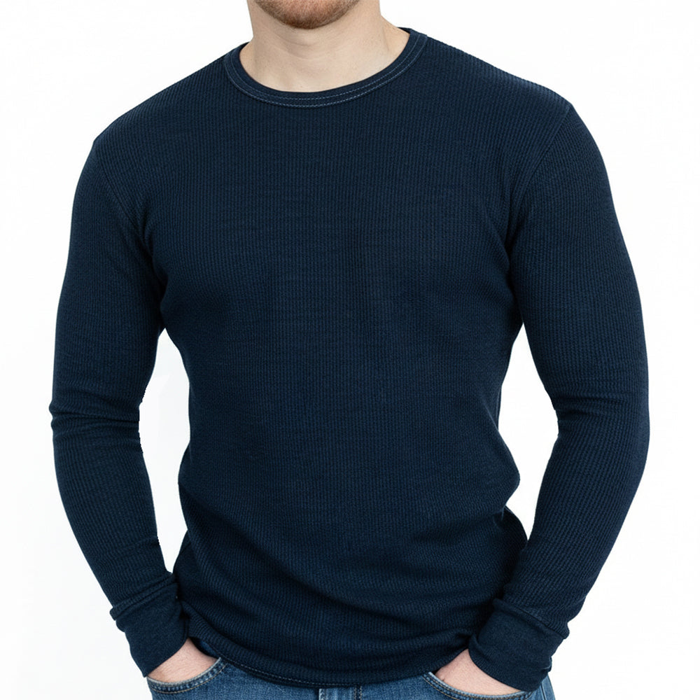 Blue Black Organic Cotton Blend Waffle Stitch Thermal Shirt