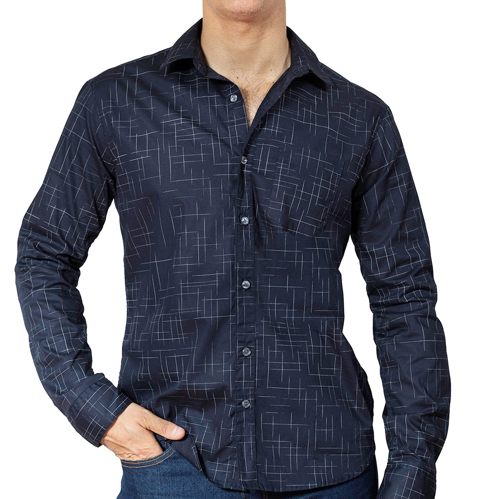 COLBY Long Sleeve Shirt in Navy Japanese Textured Print