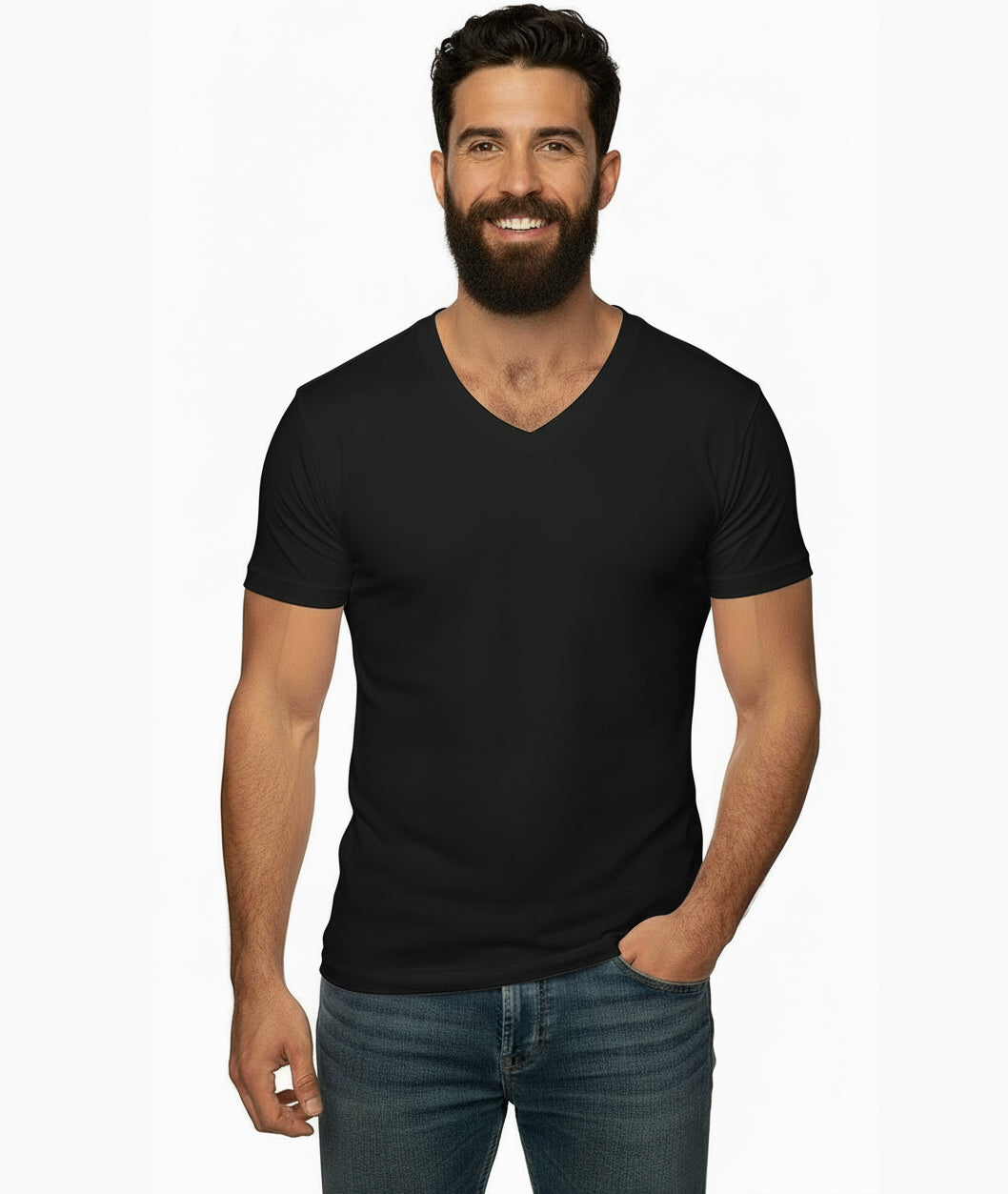 The "VICTOR" Pure Black Cotton V-Neck Short Sleeve Tee - Made In USA