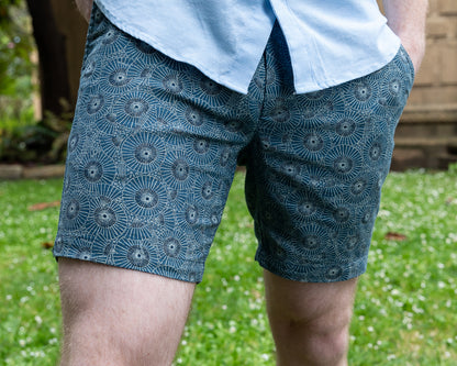 Sea Blue Japanese Fans Print Cotton Shorts - Made in USA