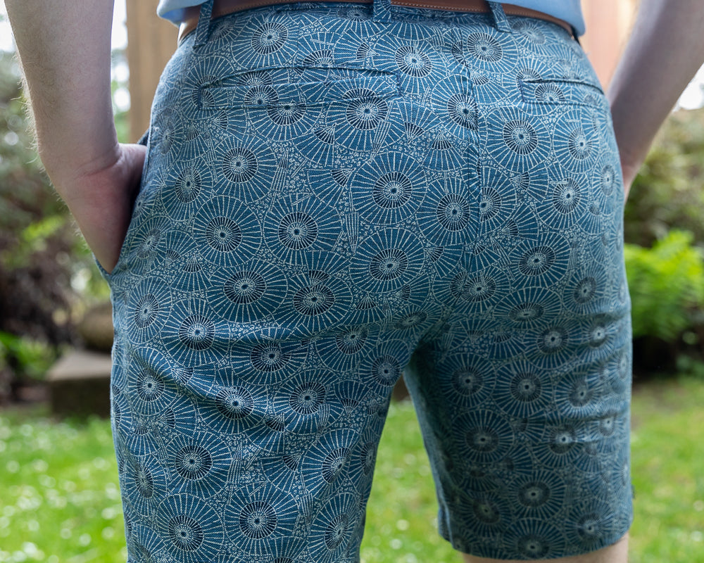 Sea Blue Japanese Fans Print Cotton Shorts - Made in USA