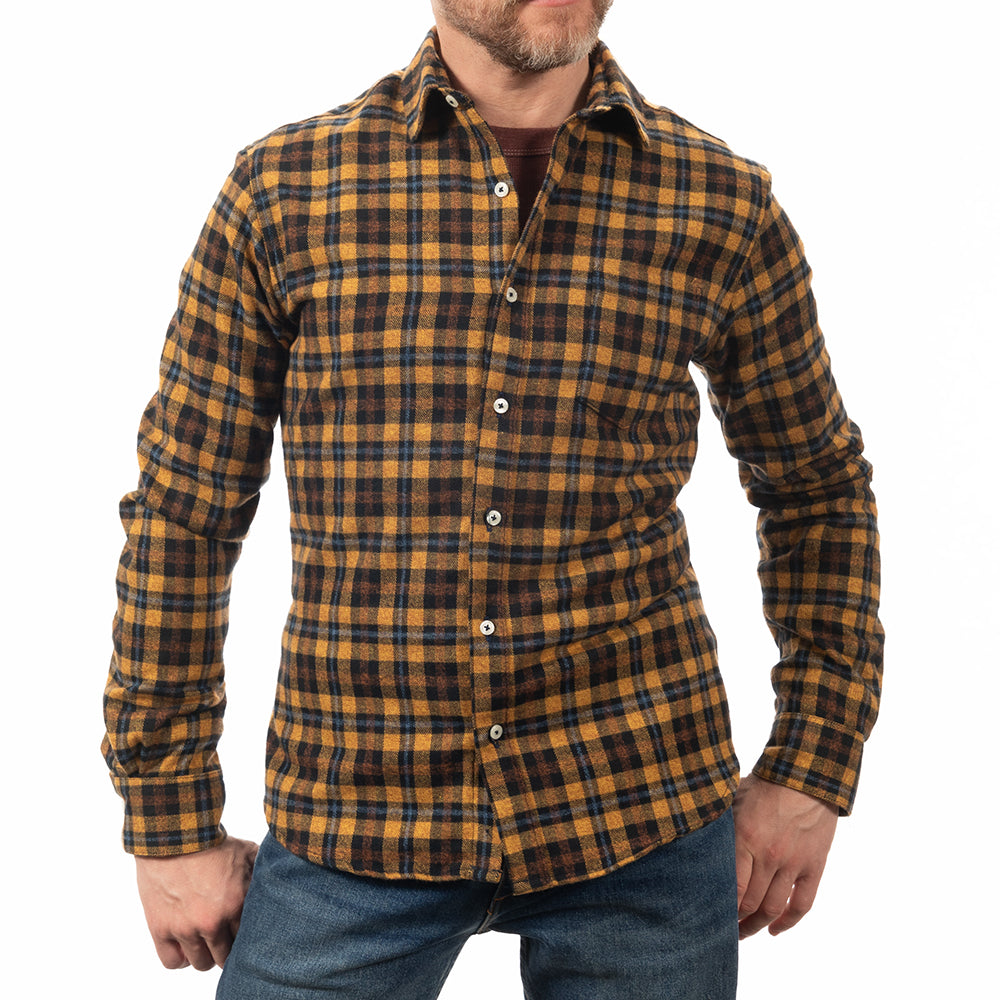SHIPLEY Cotton Flannel Shirt in Golden Heather Herringbone Weave Small Check