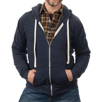 Navy Blue Marled Heather Full Zip Hooded Tri-Blend Fleece Sweatshirt - Made in USA