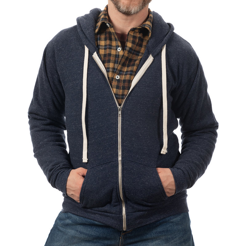 Navy Blue Marled Heather Full Zip Hooded Tri-Blend Fleece Sweatshirt - Made in USA
