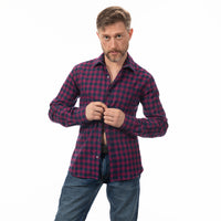 40% OFF AFTER CODE WOW25: "DALE" - Magenta & Navy Blue Mini Buffalo Check Brushed Cotton Flannel Shirt - Made in USA