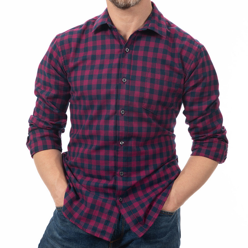 40% OFF AFTER CODE WOW25: "DALE" - Magenta & Navy Blue Mini Buffalo Check Brushed Cotton Flannel Shirt - Made in USA