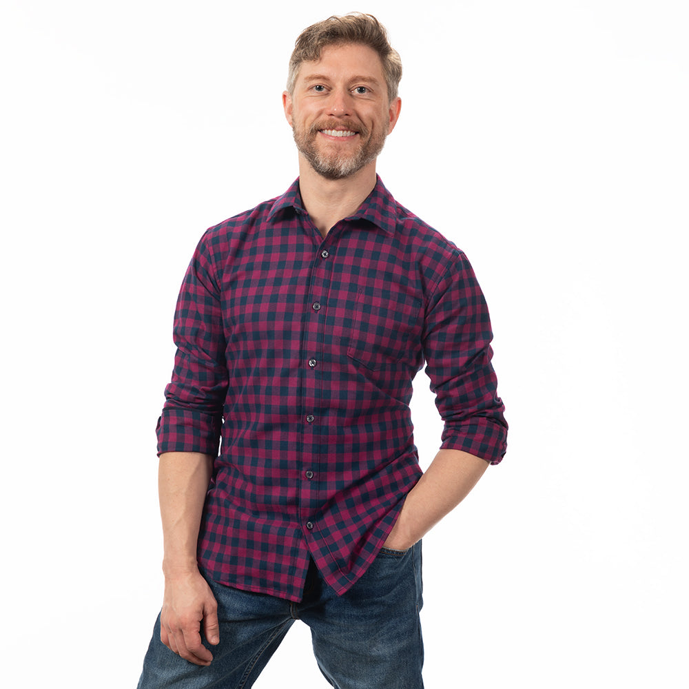 40% OFF AFTER CODE WOW25: "DALE" - Magenta & Navy Blue Mini Buffalo Check Brushed Cotton Flannel Shirt - Made in USA