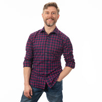 40% OFF AFTER CODE WOW25: "DALE" - Magenta & Navy Blue Mini Buffalo Check Brushed Cotton Flannel Shirt - Made in USA