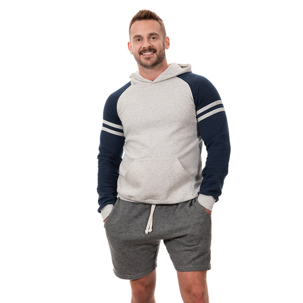 White Heather & Navy Varsity Stripe Popover Hooded Fleece Sweatshirt