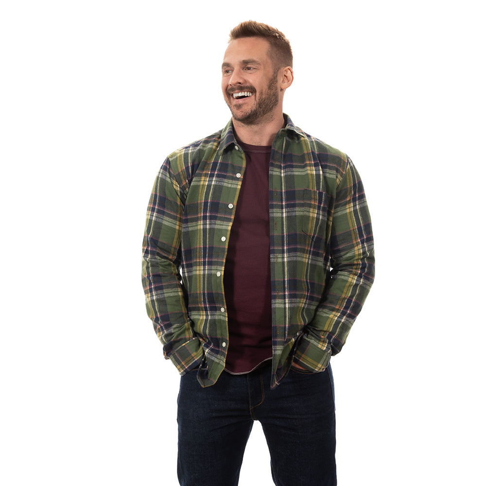 DUFFY Brushed Cotton Flannel Shirt in Olive, Navy &amp; Gold