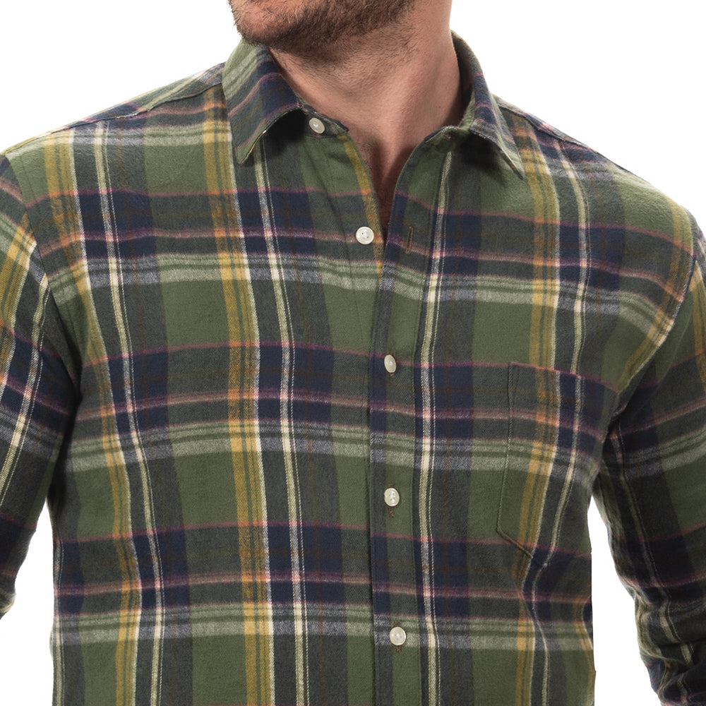 &quot;DUFFY&quot; - Olive, Navy &amp; Gold Brushed Cotton Flannel Shirt - Made in USA