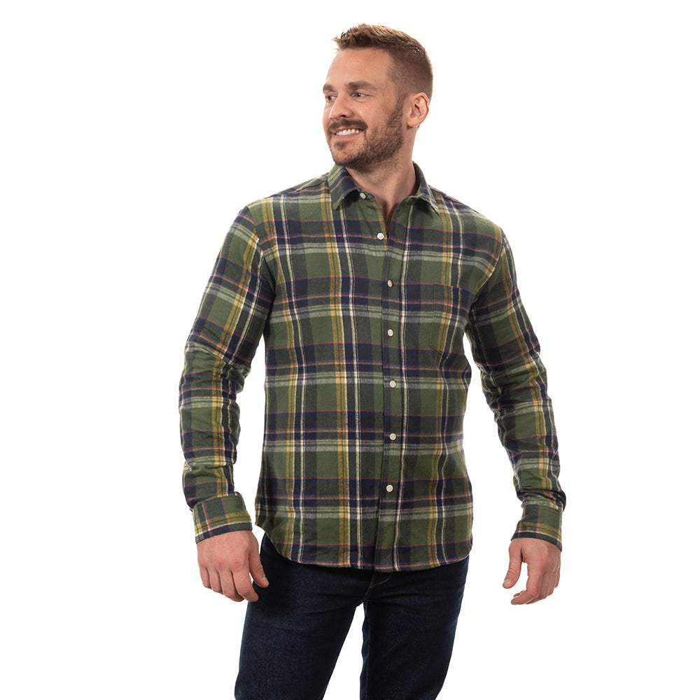 DUFFY Brushed Cotton Flannel Shirt in Olive, Navy &amp; Gold