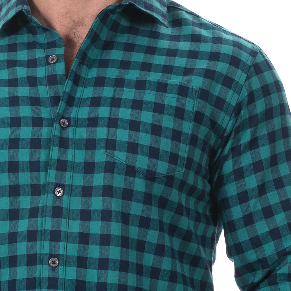 "SIMON" - Teal & Navy Blue Mini Buffalo Check Brushed Cotton Flannel Shirt - Made in USA