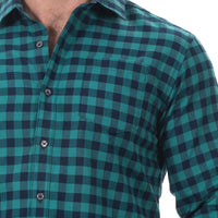 "SIMON" - Teal & Navy Blue Mini Buffalo Check Brushed Cotton Flannel Shirt - Made in USA