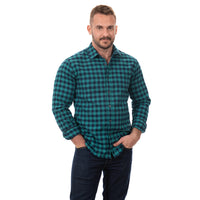 "SIMON" - Teal & Navy Blue Mini Buffalo Check Brushed Cotton Flannel Shirt - Made in USA