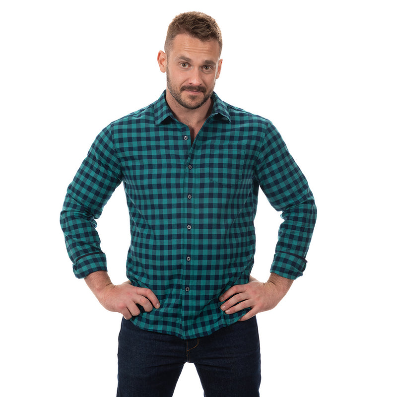 "SIMON" - Teal & Navy Blue Mini Buffalo Check Brushed Cotton Flannel Shirt - Made in USA