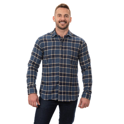 LARS Brushed Cotton Flannel Shirt in Layered Blues Plaid