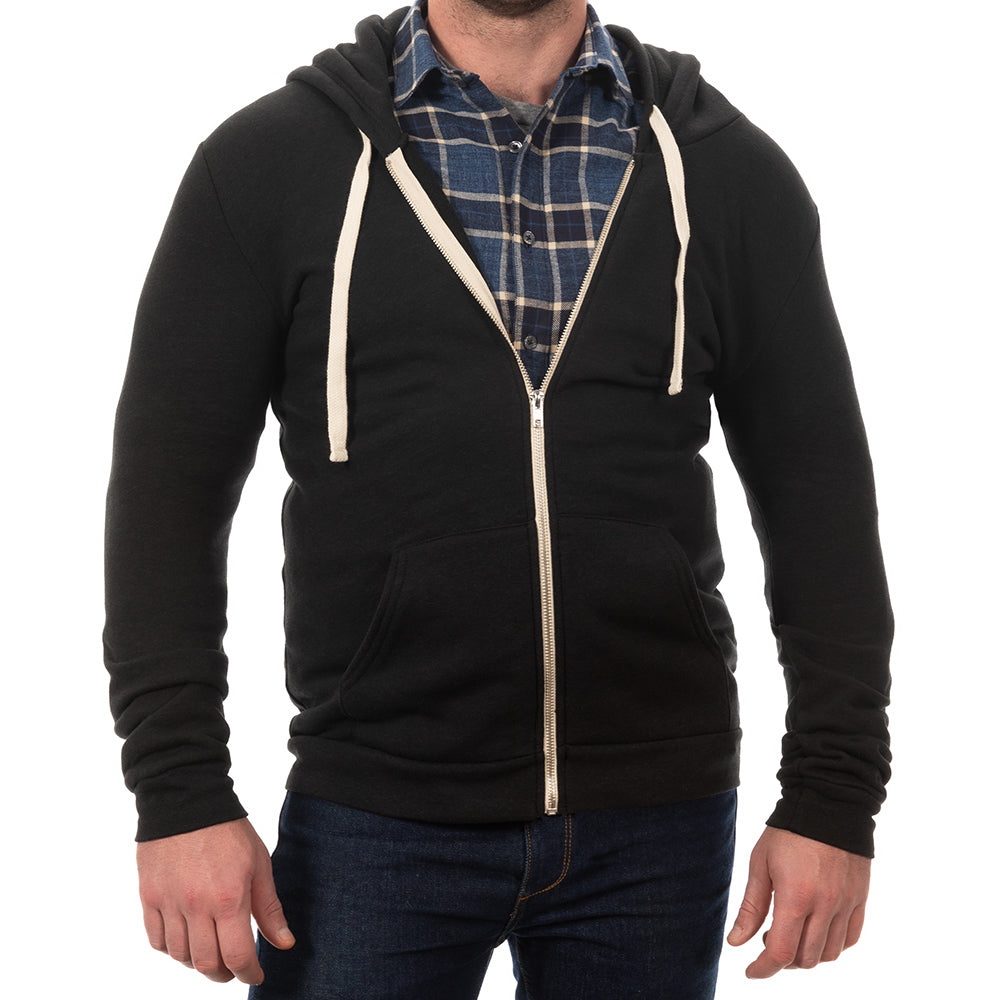 Black Heather Full Zip Hooded Tri-Blend Fleece Sweatshirt - Made in USA