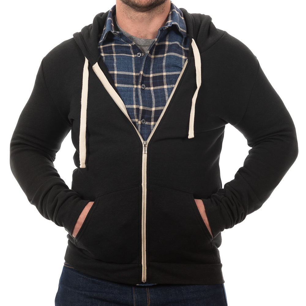 Black Heather Full Zip Hooded Tri-Blend Fleece Sweatshirt - Made in USA