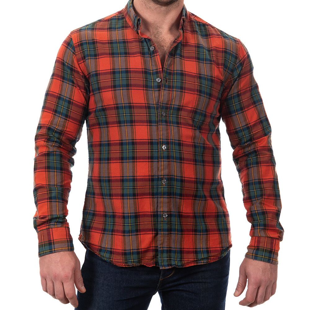 &quot;BOGART&quot; - Red Tartan-Inspired Plaid Brushed Cotton Shirt - Made In USA