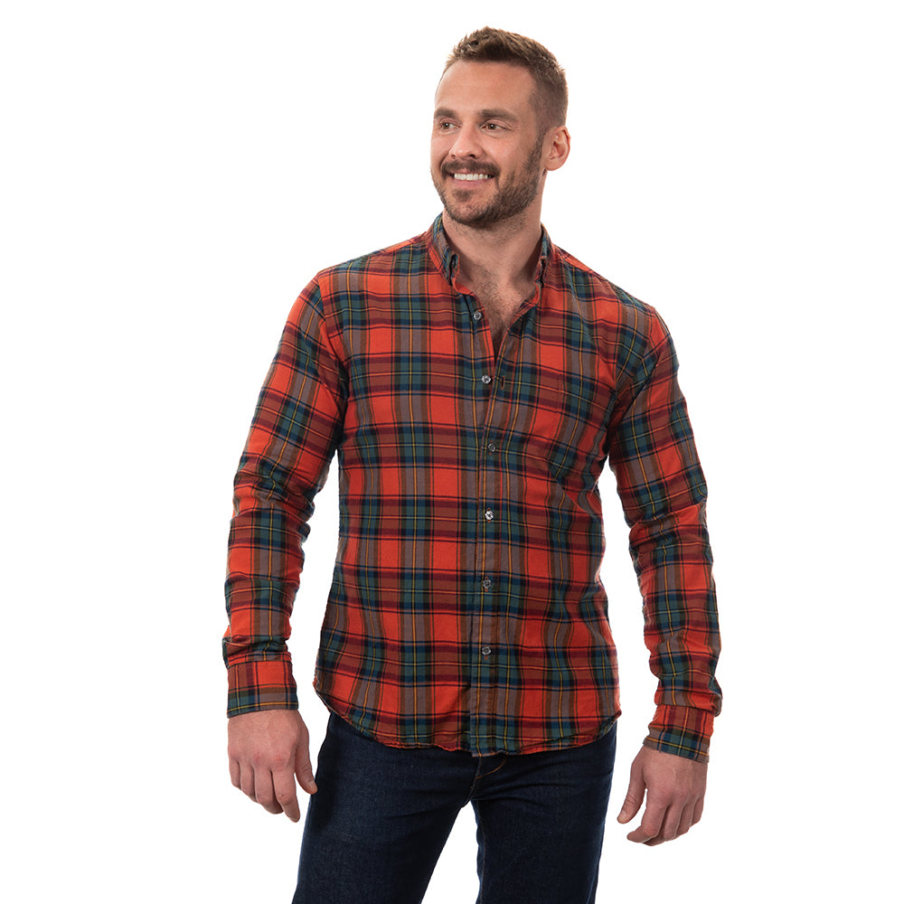 &quot;BOGART&quot; - Red Tartan-Inspired Plaid Brushed Cotton Shirt - Made In USA
