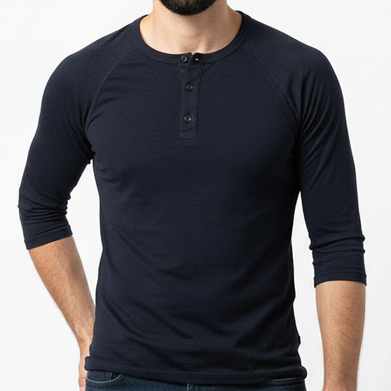 Solid Black Cotton 3/4 Raglan Sleeve Henley - Made in USA