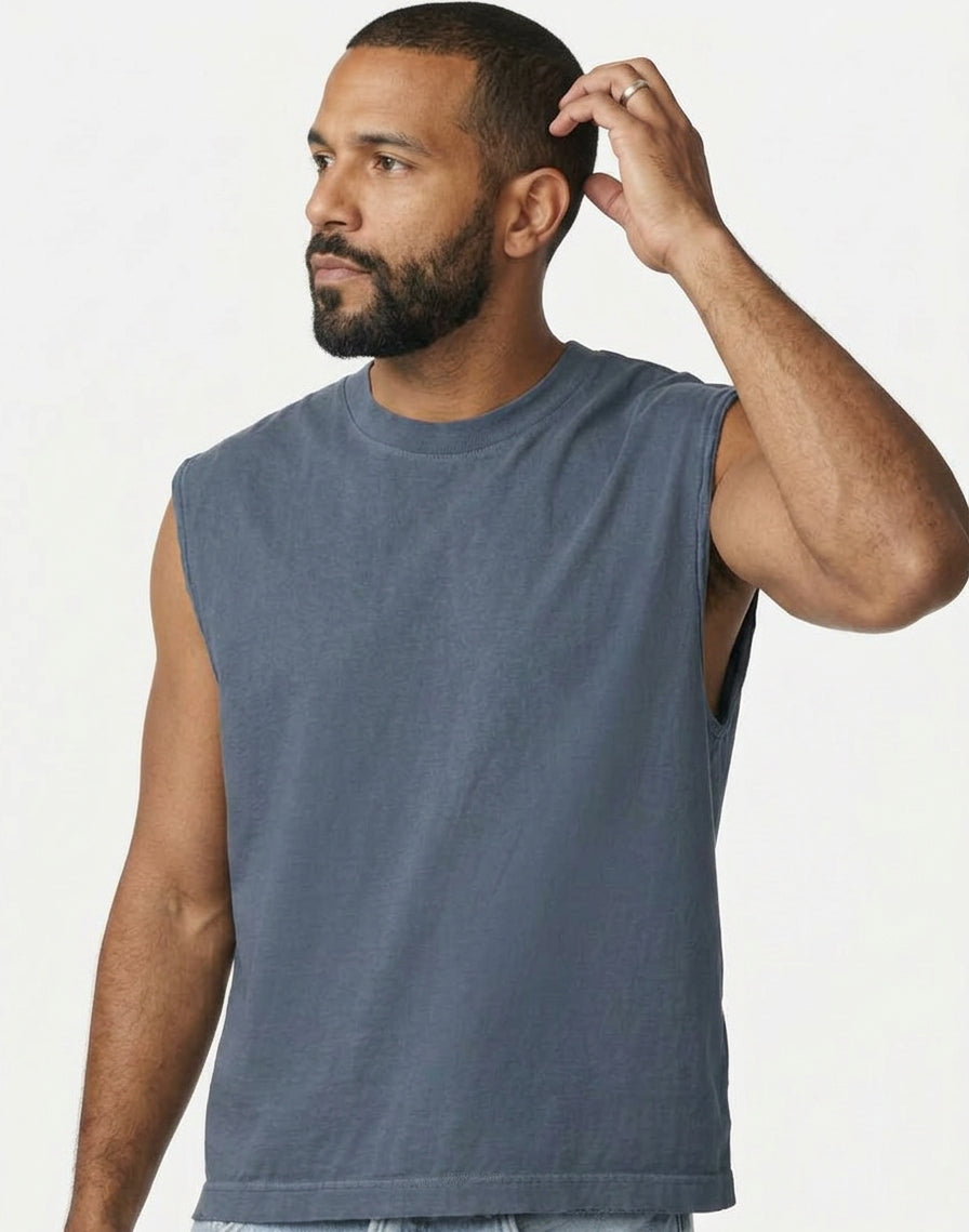 The "BOUNCER" Cotton Muscle Tank Top with Slight Crop in Faded Blue