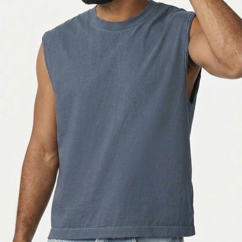 The "BOUNCER" Cotton Muscle Tank Top with Slight Crop in Faded Blue