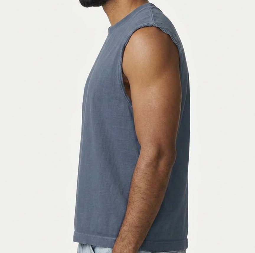 The "BOUNCER" Cotton Muscle Tank Top with Slight Crop in Faded Blue