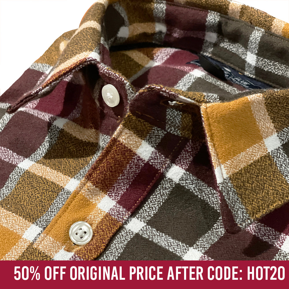BRUCE Long Sleeve Shirt in Brushed Organic Cotton Ginger, Burgundy & Espresso Flannel Plaid (SIZE M)