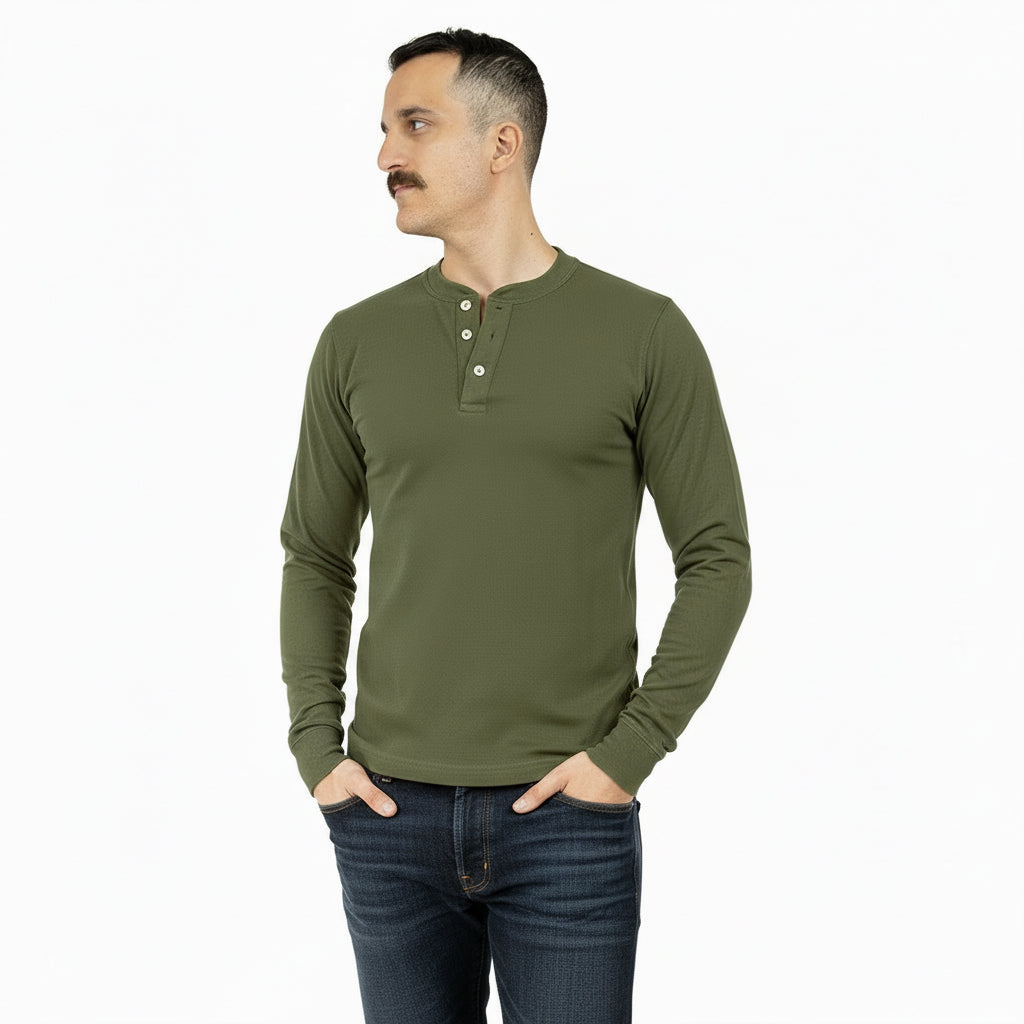 Olive Green Heavyweight Army Surplus Long Sleeve Henley Shirt