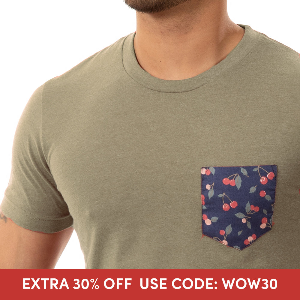 Olive Heather With Cherry Print Pocket T-Shirt