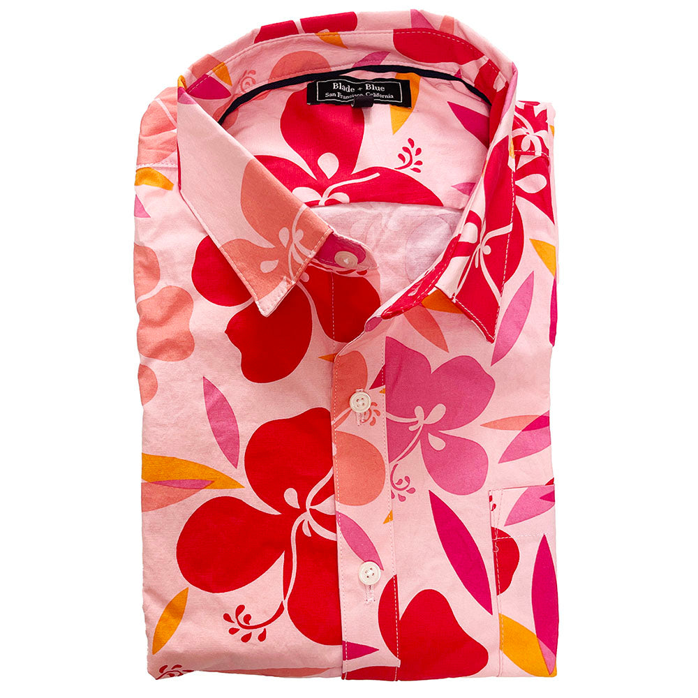 "SAMUELSON"- Pink, Red & Gold Hibiscus Floral Print Short Sleeve Shirt - Made In USA