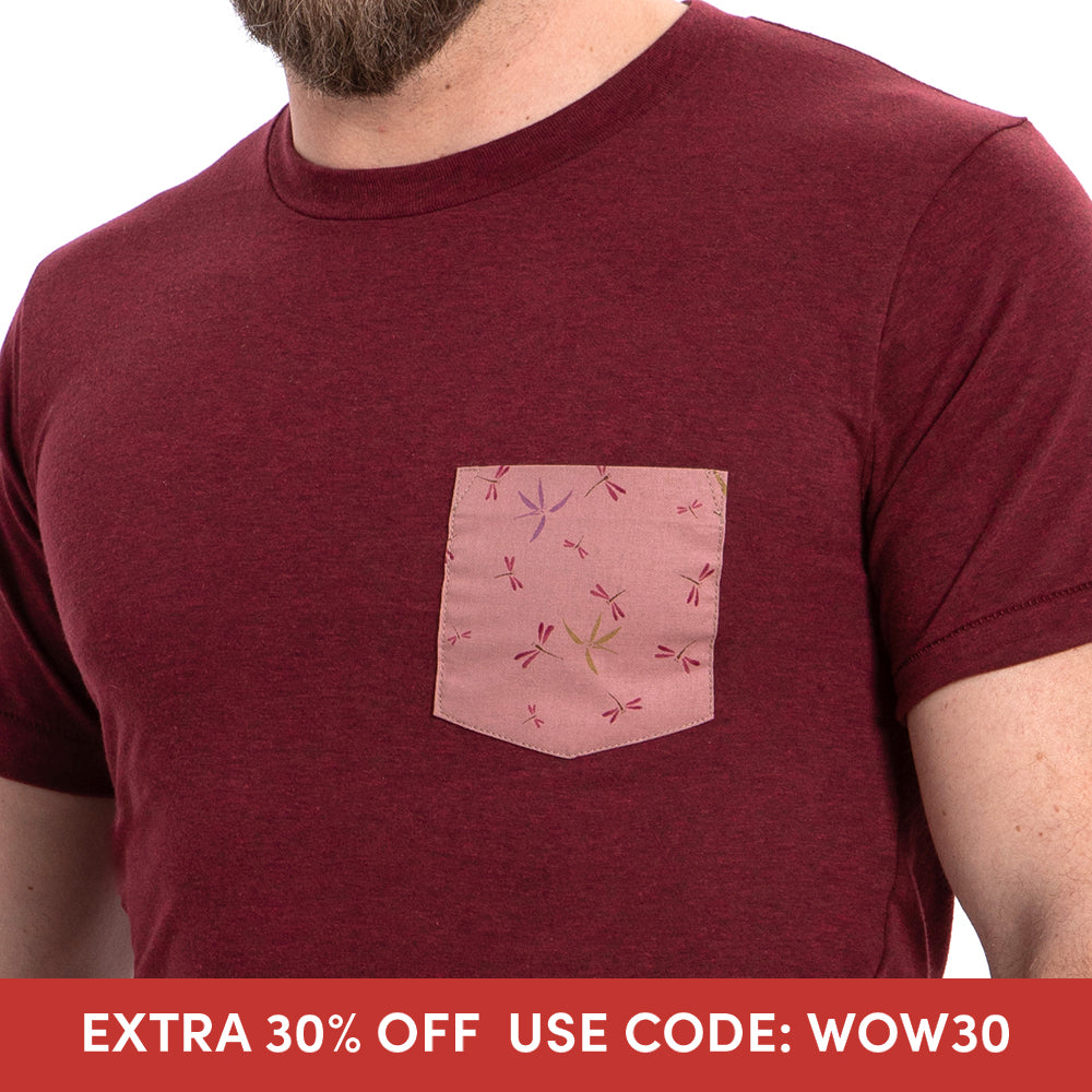 Cranberry Heather With Dragonfly Print Pocket T-Shirt