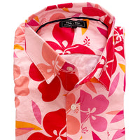 "SAMUELSON"- Pink, Red & Gold Hibiscus Floral Print Short Sleeve Shirt - Made In USA