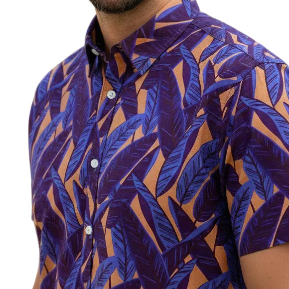 RAFAEL Short Sleeve Shirt in Purple &amp; Tangerine Tropical Palms Print
