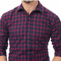 40% OFF AFTER CODE WOW25: "DALE" - Magenta & Navy Blue Mini Buffalo Check Brushed Cotton Flannel Shirt - Made in USA