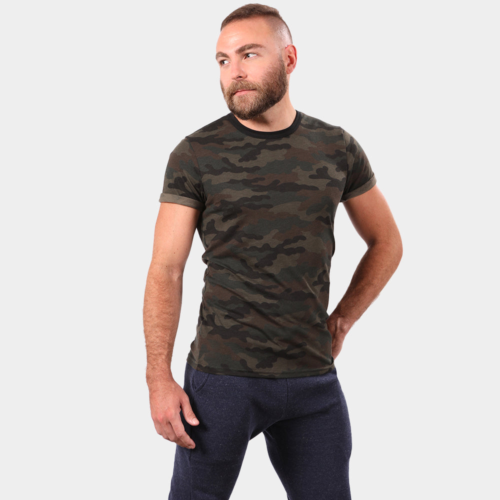 Tonal Camouflage Print Short Sleeve Ringer Tee - Made In USA