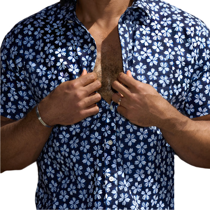 ORLANDO Short Sleeve Shirt in Inky Blue &amp; White Japanese Floral Print