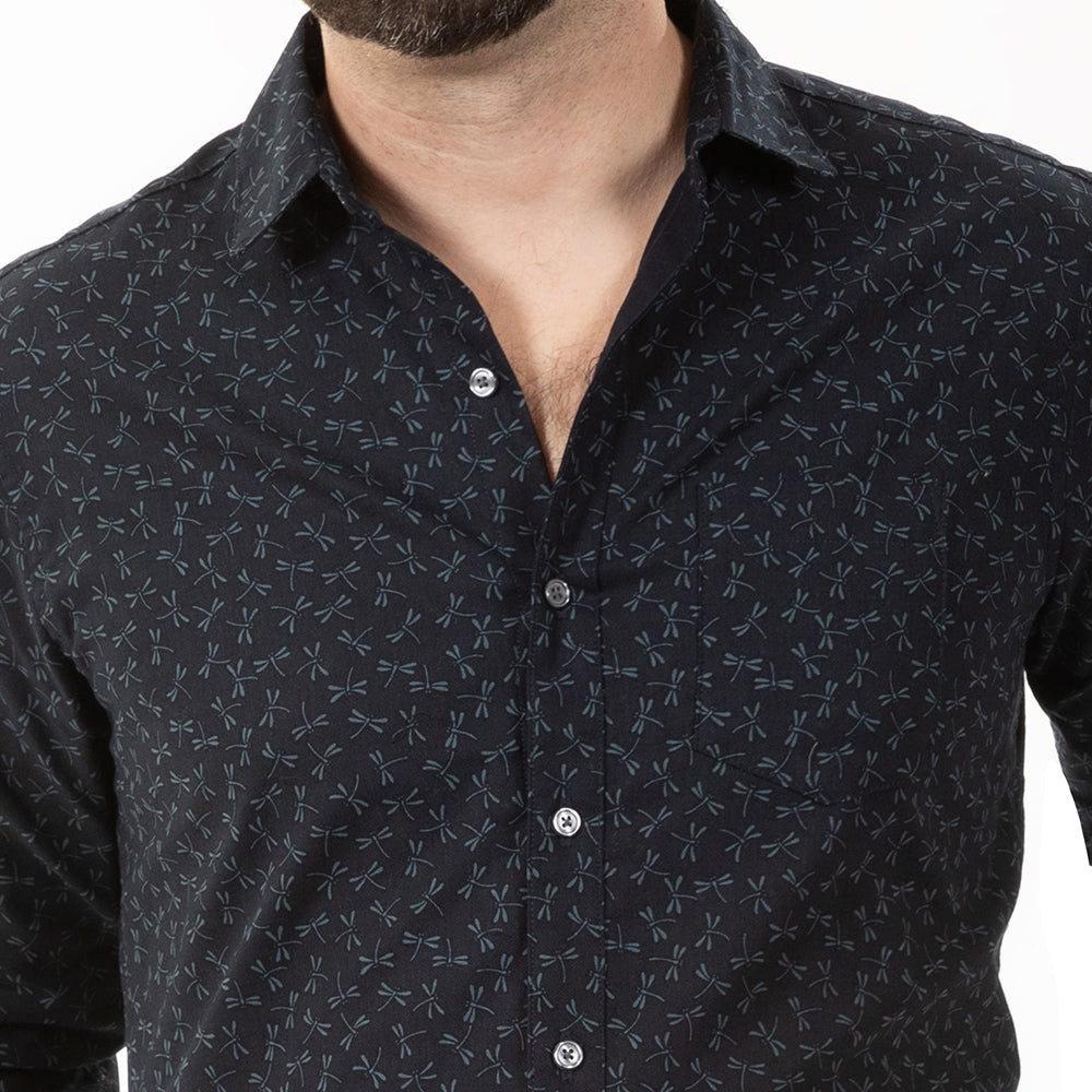 &quot;GOODEN&quot; - Tonal Navy Japanese Dragonfly Print Long Sleeve Shirt - Made In USA