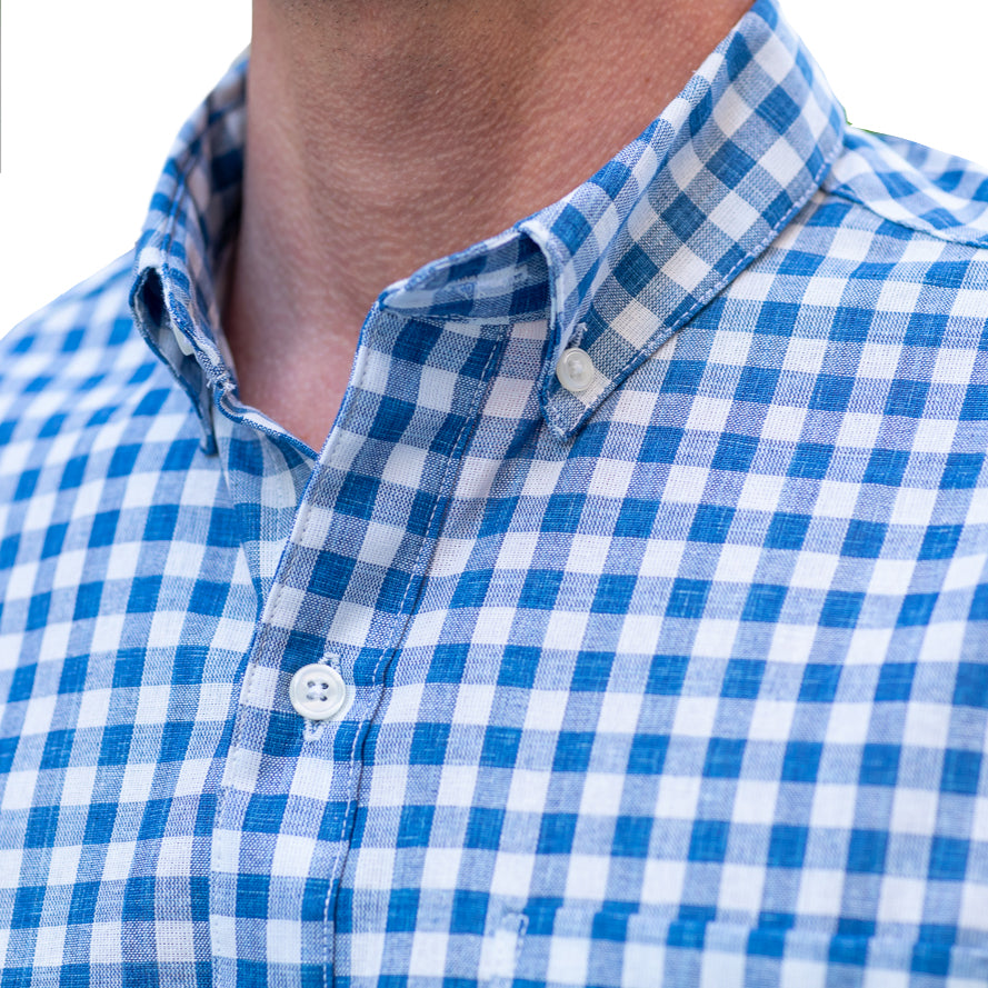 60% OFF AFTER CODE NEWFALL: "GORDON" - Blue & White Gingham Check Short Sleeve Shirt - Made in USA