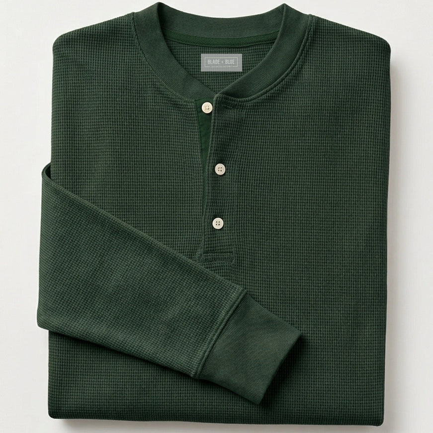 "RUSHER": Waffle Stitch Long Sleeve Military Henley Shirt in Dark Hunter Green - Made in USA