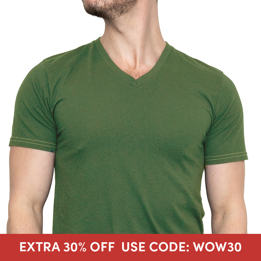 Army Green Cotton V-Neck Short Sleeve Tee - Made In USA