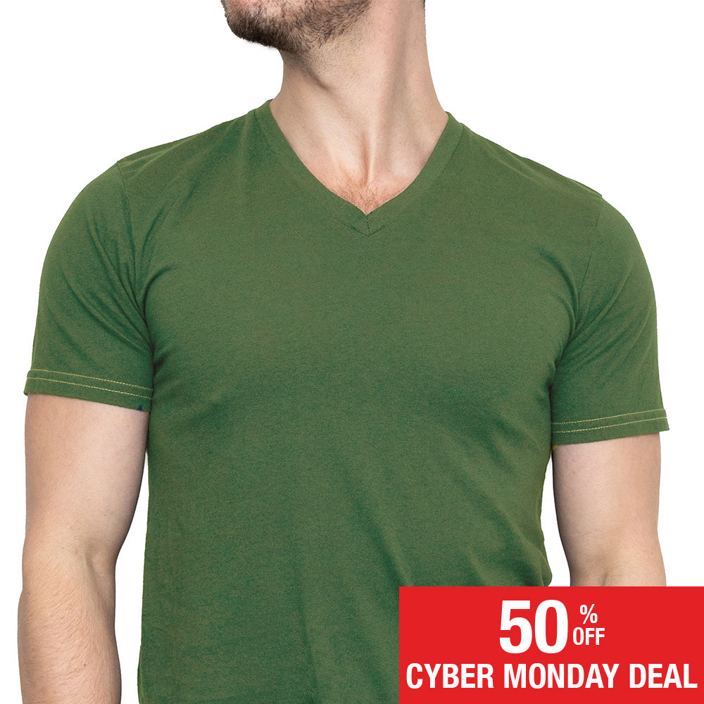 Army Green Cotton V-Neck Short Sleeve Tee - Made In USA (SIZE S)